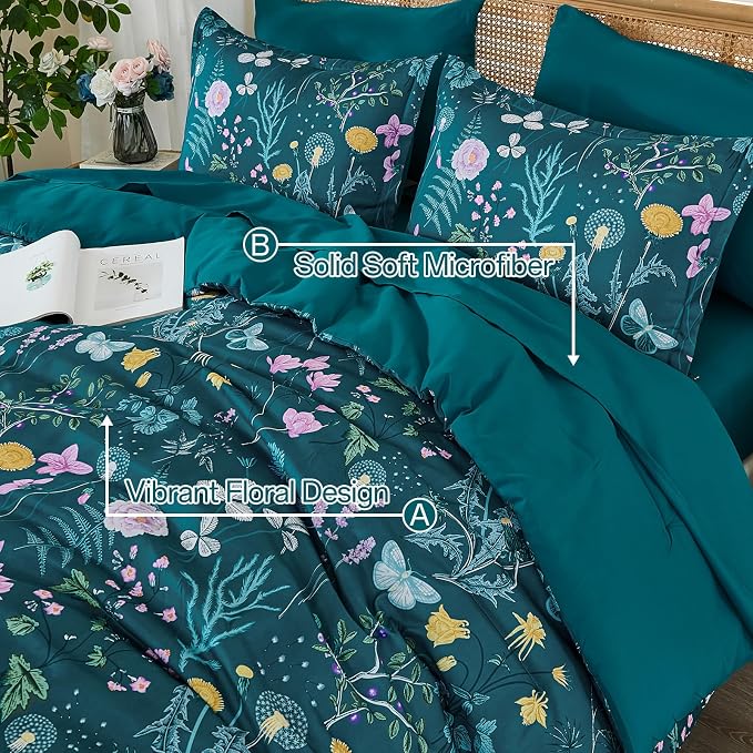 Yiran Teal Blue Comforter Set King Size, 7 Piece Floral Botanical Comforter - Image 5