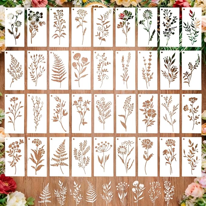 36 PCS Flower Stencils for Painting on Wood, 6x3 Inch Reusable Wildflower by Ceblish