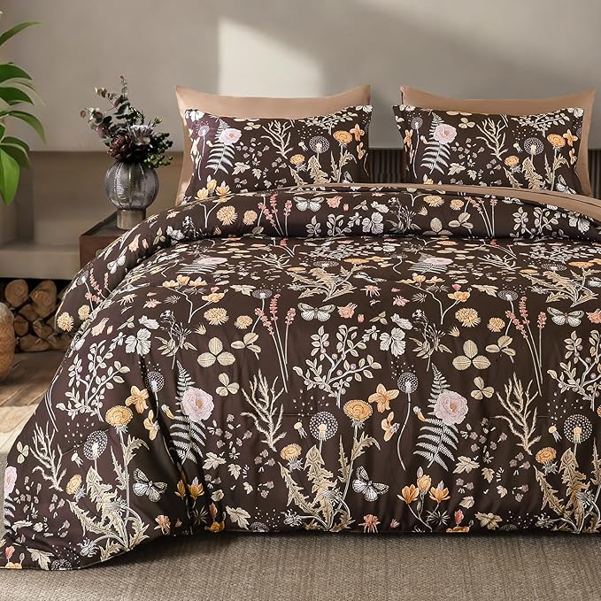 Yiran Brown Comforter Set King Size, 7 Piece Floral Comforter Bedding Set by Yiran