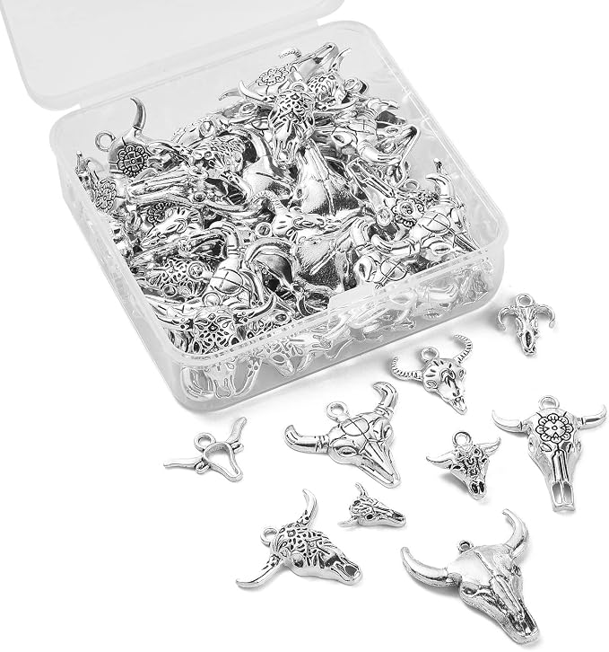 DanLingJewelry 100Pcs 10 Styles Antique Silver Cow Charms Western Cattle Head - Image 6