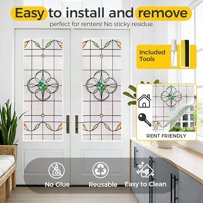 OHTMERU 3D Stained Glass Window Privacy Film, Heat Control UV Blocking Static - Image 5