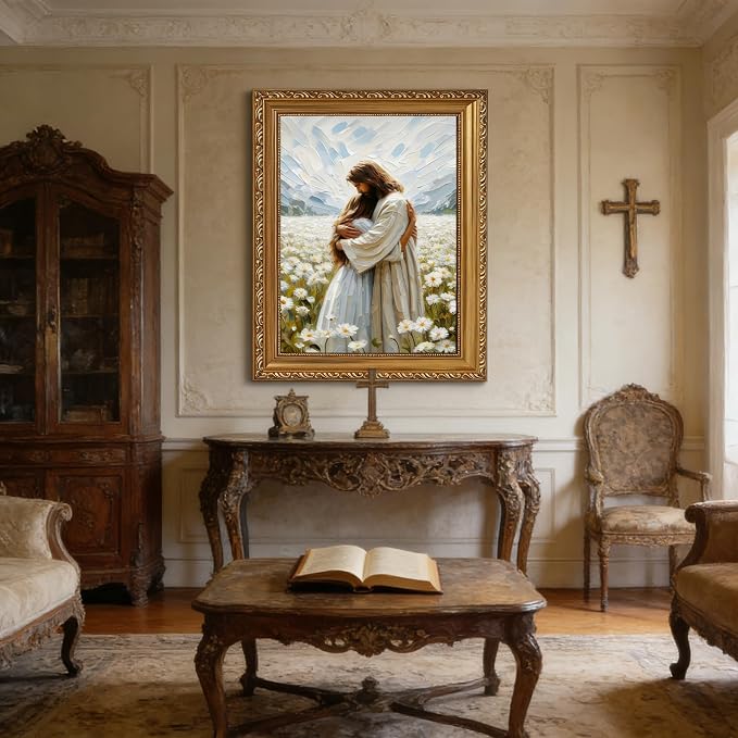 Vintage Gold Framed Jesus Wall Art Jesus Hugging Girl Wall Decor God Embracing - Image 5