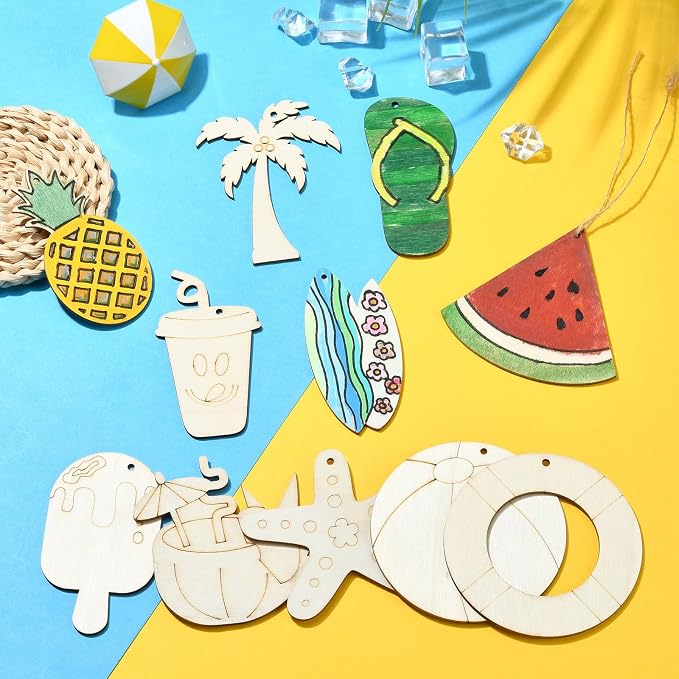 32 pcs Mixed Styles Beach Theme Unfinished Wood Cutout Charms Watermelon Ice - Image 6