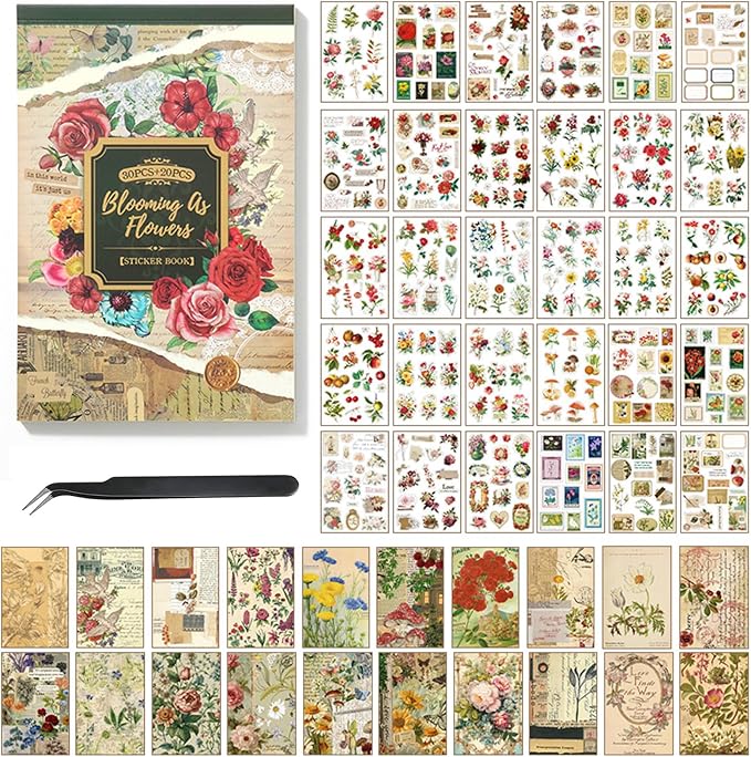 Flower Sticker Book for Scrapbooking, 500+ Floral Stickers for Junk Journal by Ahmagen