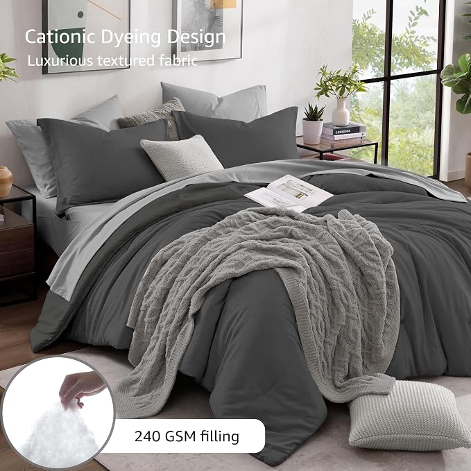 Monbix King Size Comforter Set, Dark Grey King Size Bed Set Reversible 7 Pieces - Image 3