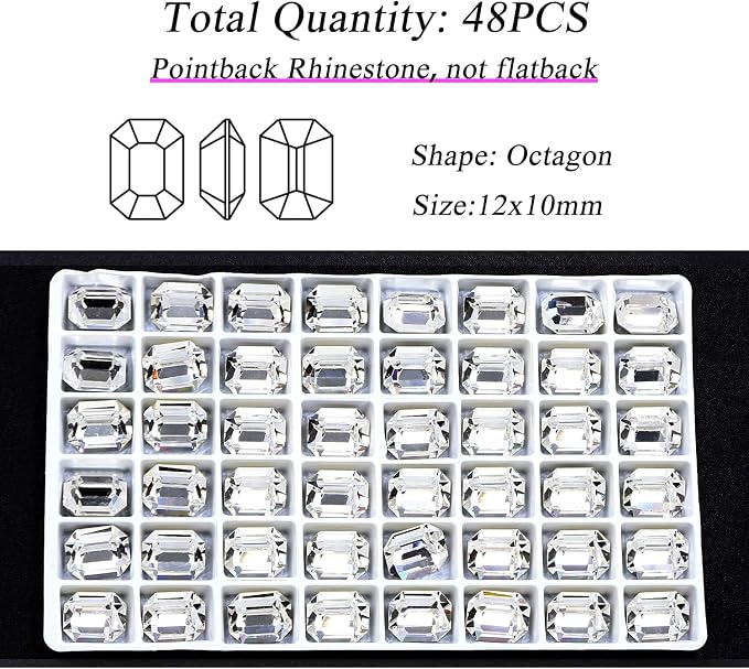 48Pcs Point Back Glass Rhinestones, 12 * 10MM Octagon Shape Faceted Rhinestones - Image 2