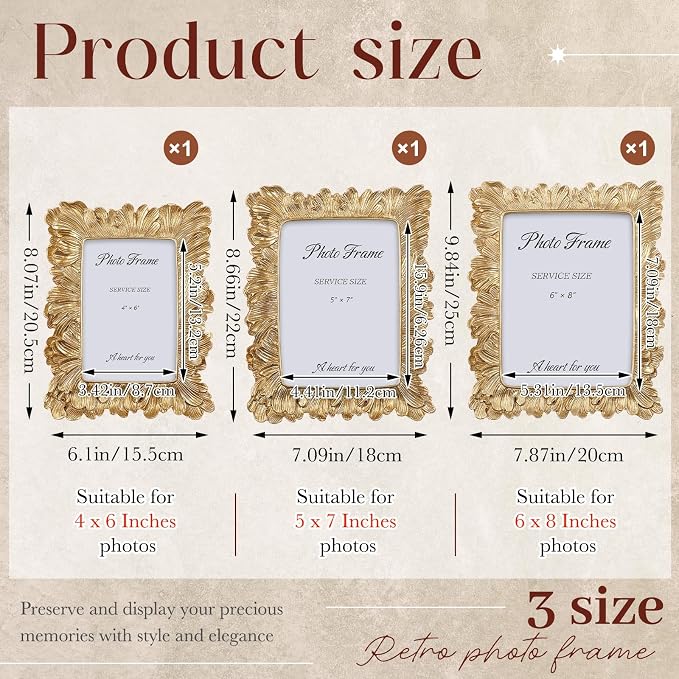 Wonderjune 3 Pcs Vintage Picture Frames Antique Set Baroque Ornate Gold Arched - Image 2