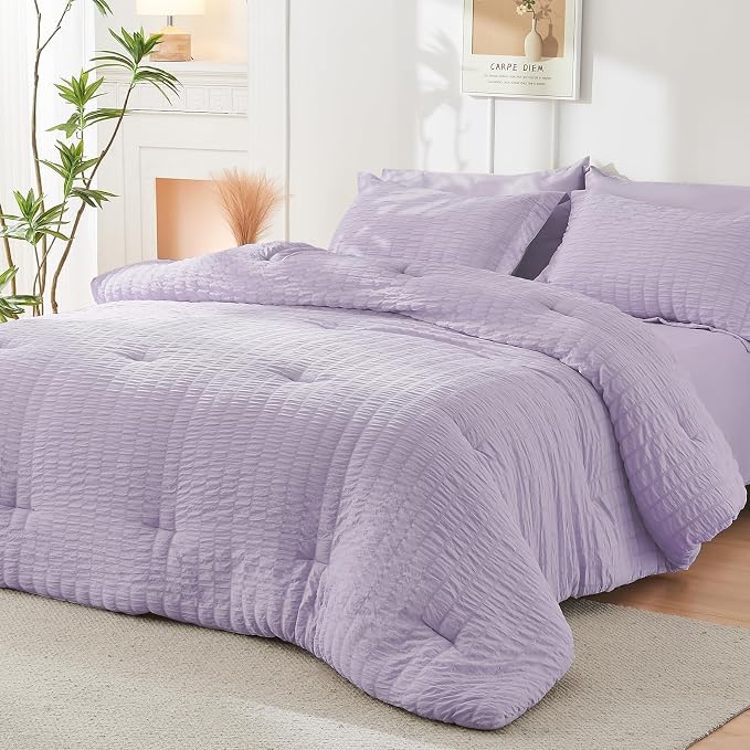HYMOKEGE Lavender King Size Comforter Set Seersucker 7 Pieces, All Season - Image 8