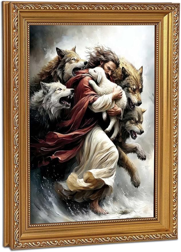 Vintage Gold Framed Jesus and Lamb Wall Art Jesus Saves the Lost Sheep Wall by Unknown