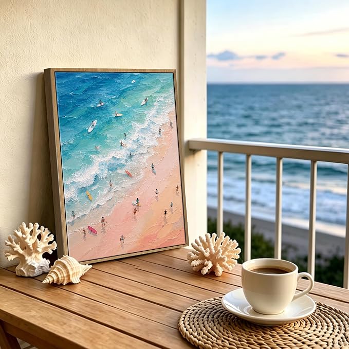 Framed Pastel Coastal Surfers Canvas Wall Art Aerial View of Vibrant Beach - Image 2