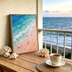 Framed Pastel Coastal Surfers Canvas Wall Art Aerial View of Vibrant Beach - Image 2