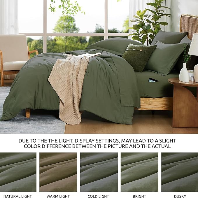 WRENSONGE King Size Comforter Set- 7 Pieces Soft Olive Green Bed in a Bag King - Image 6