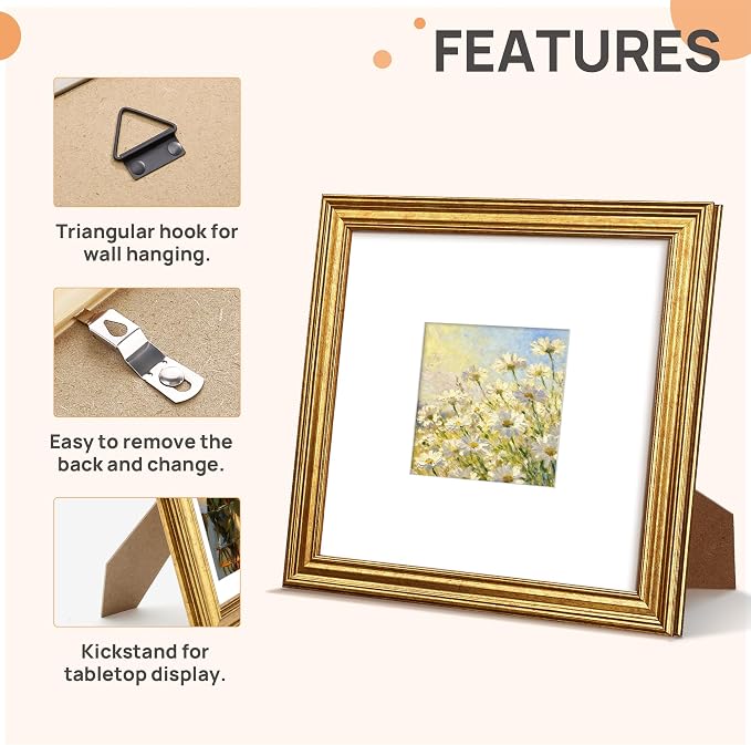upsimples 8x8 Picture Frame, Vintage Frames Decor, Wall or Tabletop Display - Image 5