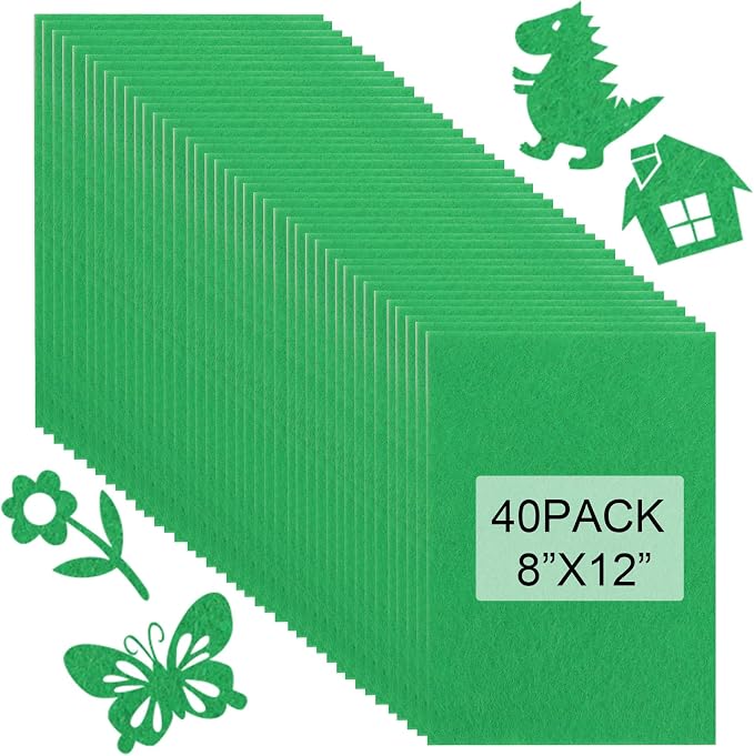 40 Pcs Stiff Felt Fabric Sheet for Crafts, 1mm Thick and 8”x12”Green Felt by Tiparts