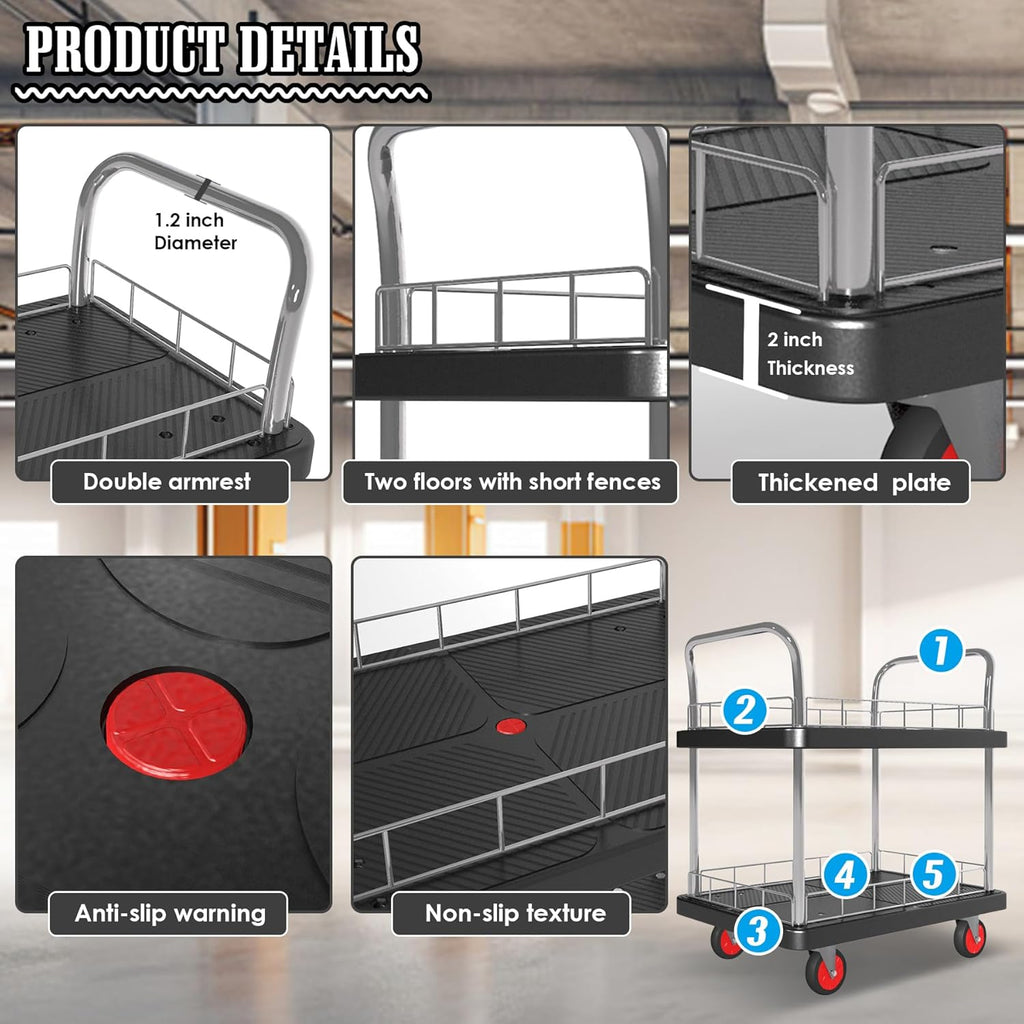 2 Shelf Utility Service Cart- 660lbs Capacity Heavy-Duty Plastic Rolling Utility Carts with 4 of 360° Swivel Wheels and Handle, Large Service Cart for Groceries,Warehouse,Garage 34.6''x 22.8''