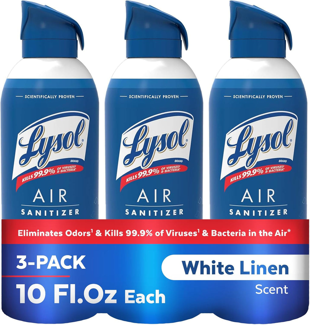 Lysol Air Sanitizer Spray with Odor Eliminator for Home & Office, Sanitizing Spray, Air Freshener Alternative, White Linen Scent, 10 oz (Pack of 3)