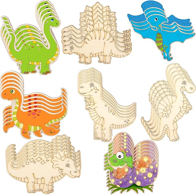 Jetec 64 Pieces Dinosaur Unfinished Wood Cutouts Animal Wooden Paint Crafts by Jetec