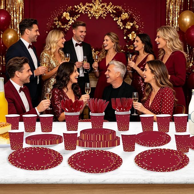 168Pcs Burgundy and Gold Party Supplies Serves 24 | Burgundy Plates and Napkins - Image 5