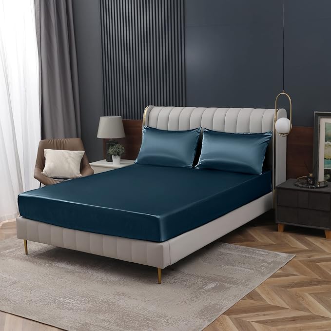 Homiest Deep Sea Blue Satin Fitted Sheet Twin Size, Deep Pocket, Luxury & Ultra - Image 9