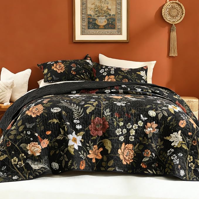 Litanika Floral Black Quilt Queen Size by Litanika
