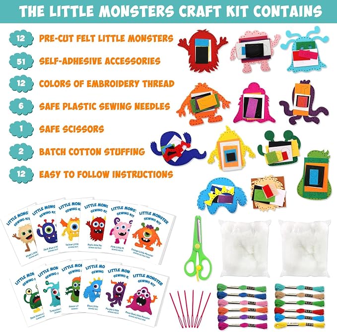 CiyvoLyeen Kids Sewing Kit Crafts– Little Monsters Felt Plush DIY Craft Adopt A - Image 4