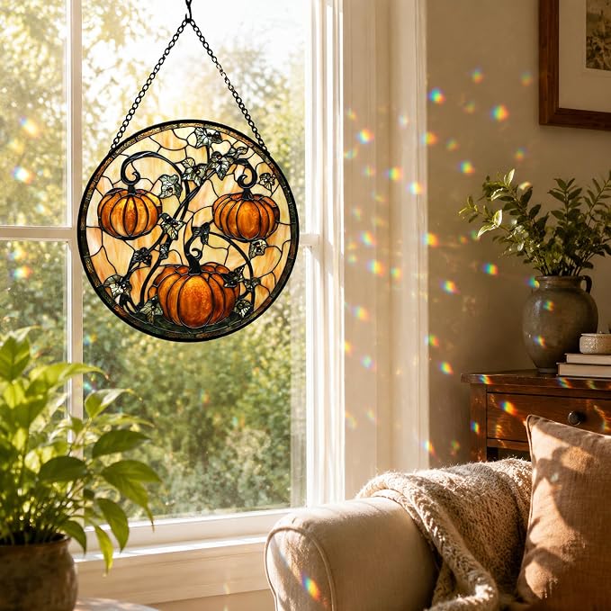 Orange Pumpkin Acrylic Suncatcher Faux Stained Glass Window Hanging 9.8" | - Image 5