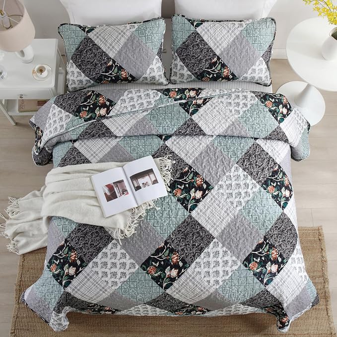 Xruibed Floral Plaid Patchwork Quilt Set King Size 3 Pieces Blue Gray Bedspread - Image 3