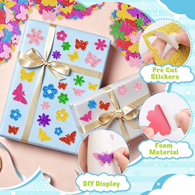 448 Pcs Glitter Foam Stickers, Butterfly & Flower Shapes Stickers, 7 Sheets - Image 3