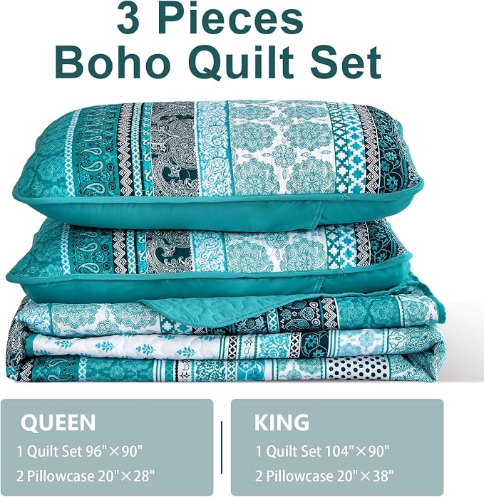 WONGS BEDDING Boho Quilt Set King Size, Teal 3 Pieces Bohemian Striped - Image 7