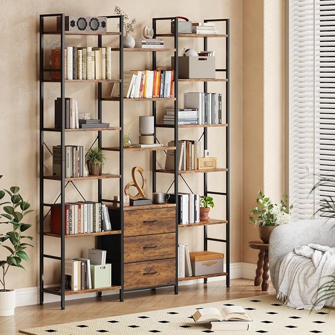 AFLUI Triple Bookshelf with 3 Fabric Drawers, 6-Tier Book Shelf and 10 Display - Image 3