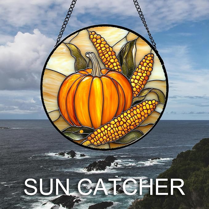 DASTOLL Stained Glass Window Hanging Autumn Harvest Pumpkin Corn Large 11.8" - Image 2