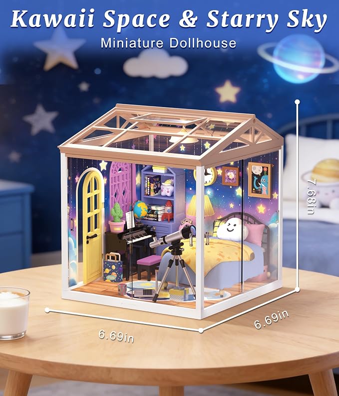 Starry Night Bedroom Miniature House Kit, DIY Space-Themed Dollhouse - Image 4