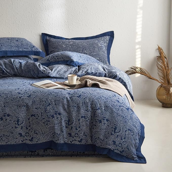 mixinni Muslin Cotton Vintage White Paisley Floral Duvet Cover King Size 3pcs by mixinni