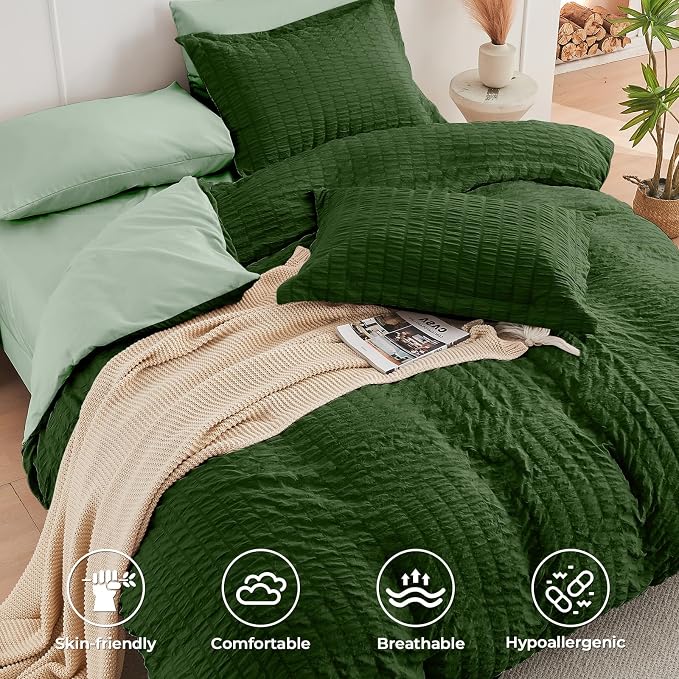 HYMOKEGE Dark Green/Sage Green Full Size Comforter Sets Seersucker 7 Pieces - Image 3