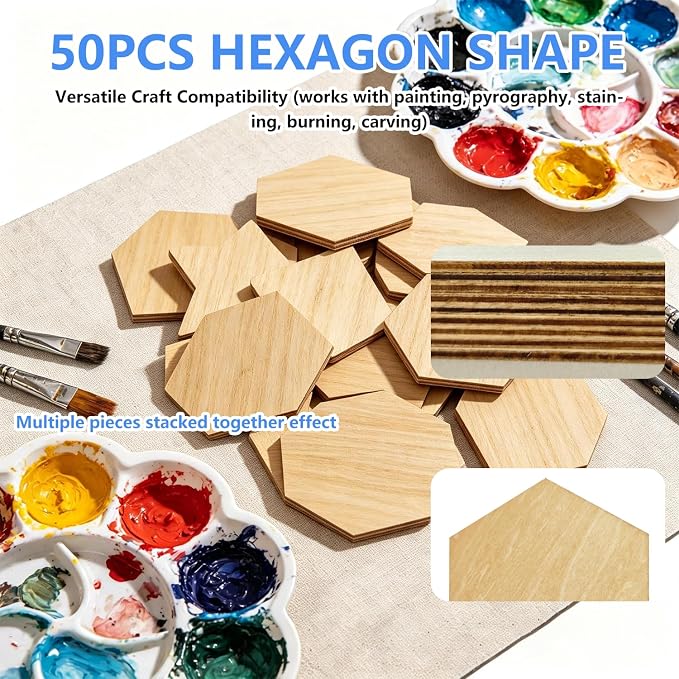 50PCS Wooden Hexagonal, Made of Basswood, 4 Inch Unprocessed Wood Pieces - Image 4