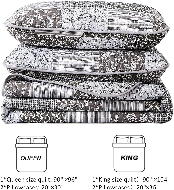 Mybedsoul Grey Boho Quilt Set Queen Size, 3 Pieces Plaid Floral Bedspread - Image 7