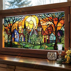 Colorful Fairy Village Stained Glass Window Film 17.71x39.97 Inch Sunlit Houses by Unknown