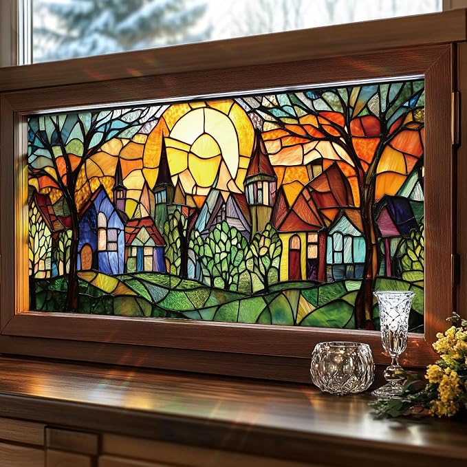 Colorful Fairy Village Stained Glass Window Film 17.71x39.97 Inch Sunlit Houses by Unknown