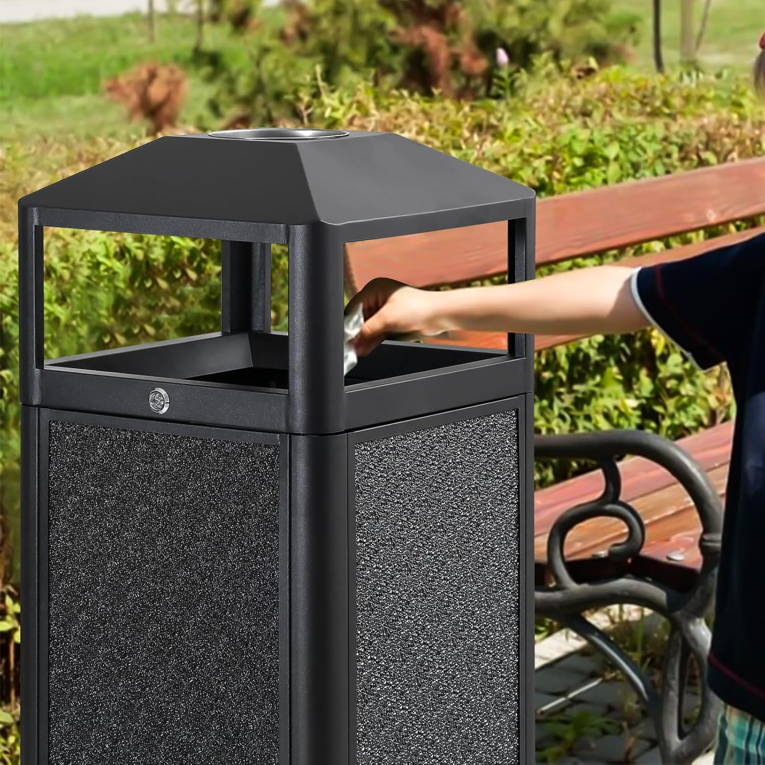 Square Waste Container with Dome Lid | Commercial Outdoor Garbage and Trash Container, Black, 15 Gallon