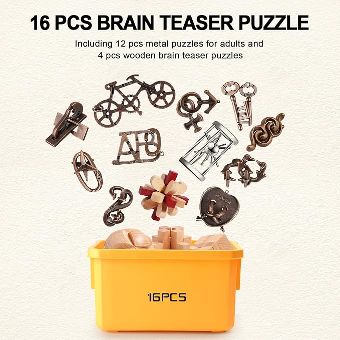 16 PCS Metal & Wooden Brain Teaser Puzzle Set – Challenging Logic & Ring Puzzles - Image 2