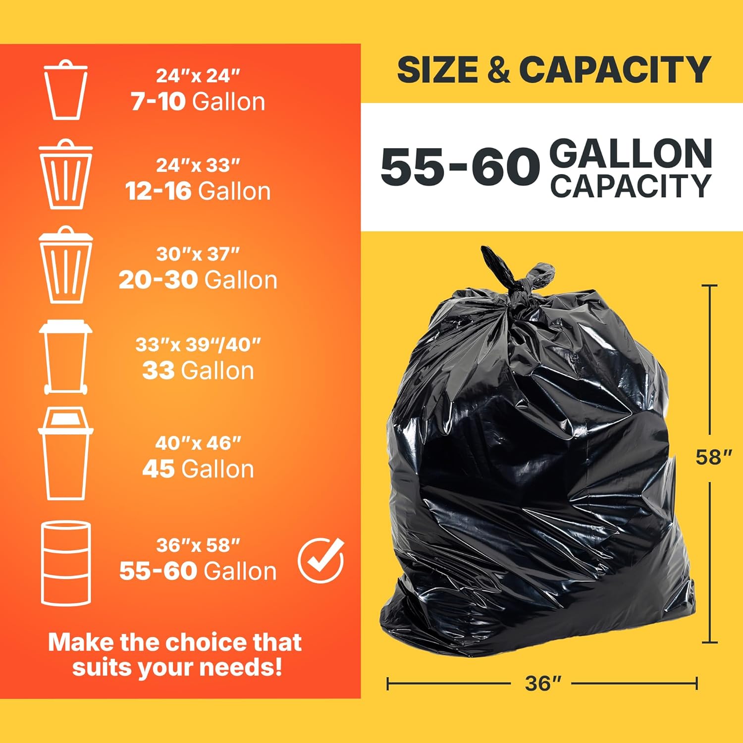 55-60 Gallon Trash Bags, 30 Micron Heavy Duty Pure LDPE Garbage Can Liners, 36" x 58" Large, Black, 100 Count