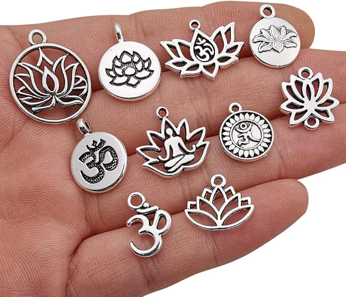 100g Craft Supplies Antique Silver Yoga OM Lotus Flower Charms - Image 2