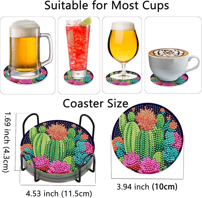TDOOW Diamond Art Painting Coasters 8 Pcs Colorful Cacti Diamond Art Coasters - Image 4