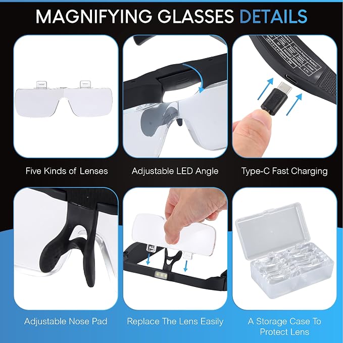 Magnifying Glass with Light, Magnifying Glasses with 5 Detachable Lenses - Image 6