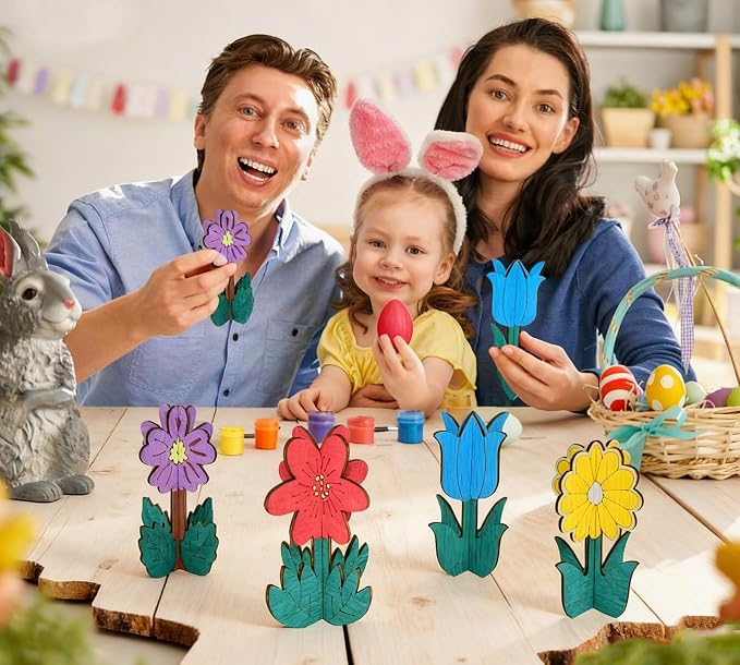 Wooden Flowers for Crafts, DIY 3D Wood Crafts Paintable Flower Craft Ornaments: - Image 3