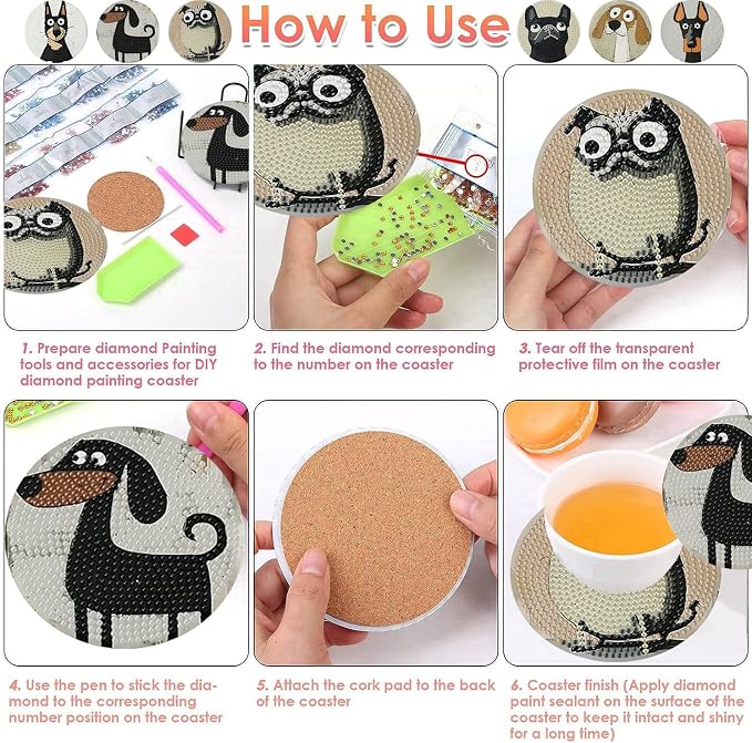 ijbnhd 6 Pcs Dog Diamond Painting Coasters Kits - Image 6