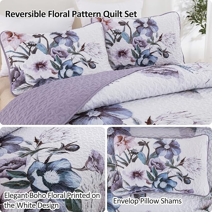 Drucon Purple Floral Quilt Set King Size 3 Pieces Purple Botanical Flower Quilt - Image 3