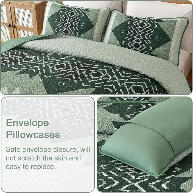 Dintszyayue Green Quilt Set Queen Size, 3 Piece Boho Aztec Texture Bedspread - Image 6