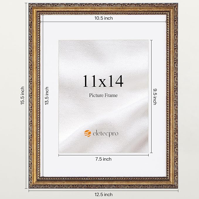 eletecpro 11x14 Vintage Picture Frame, Glass Cover, Bronze Gold, Horizontal or - Image 3