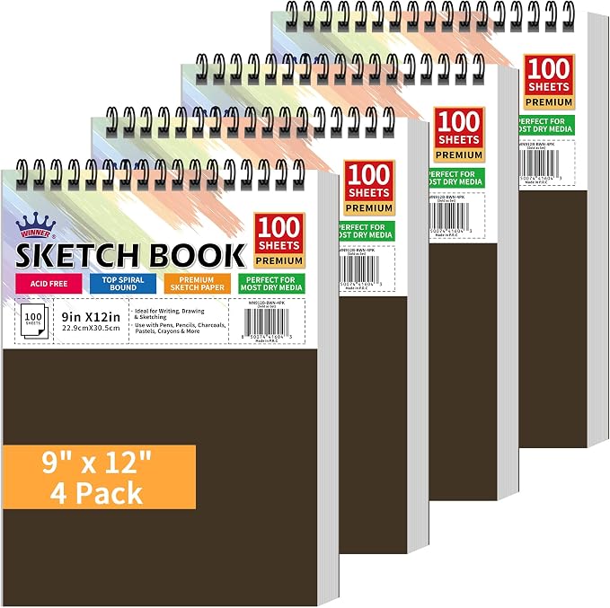 WINNER 9" x 12" Sketch Book 4 Pack, 400 Sheets Spiral Bound Art Sketchbook by WINNER